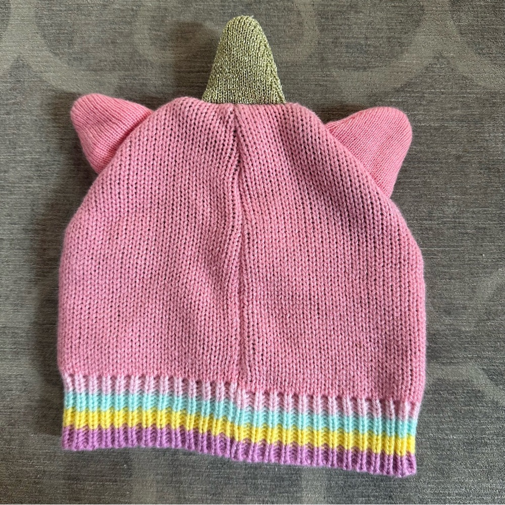 Kids Pink unicorn hat w colorful trim & golden horn - Picture 3 of 3